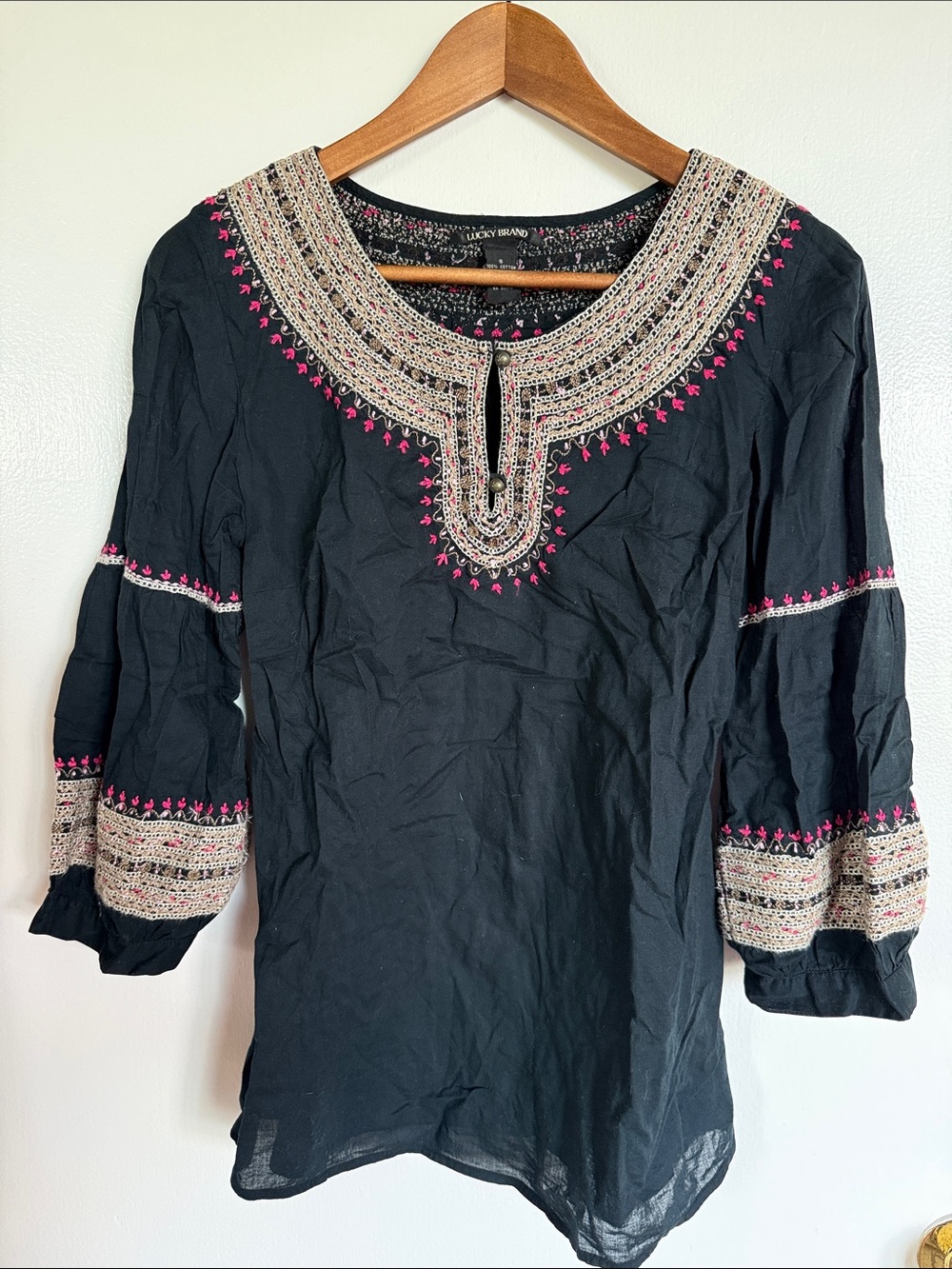 Lucky Brand Black Tunic with Cream and Pink Embroidery